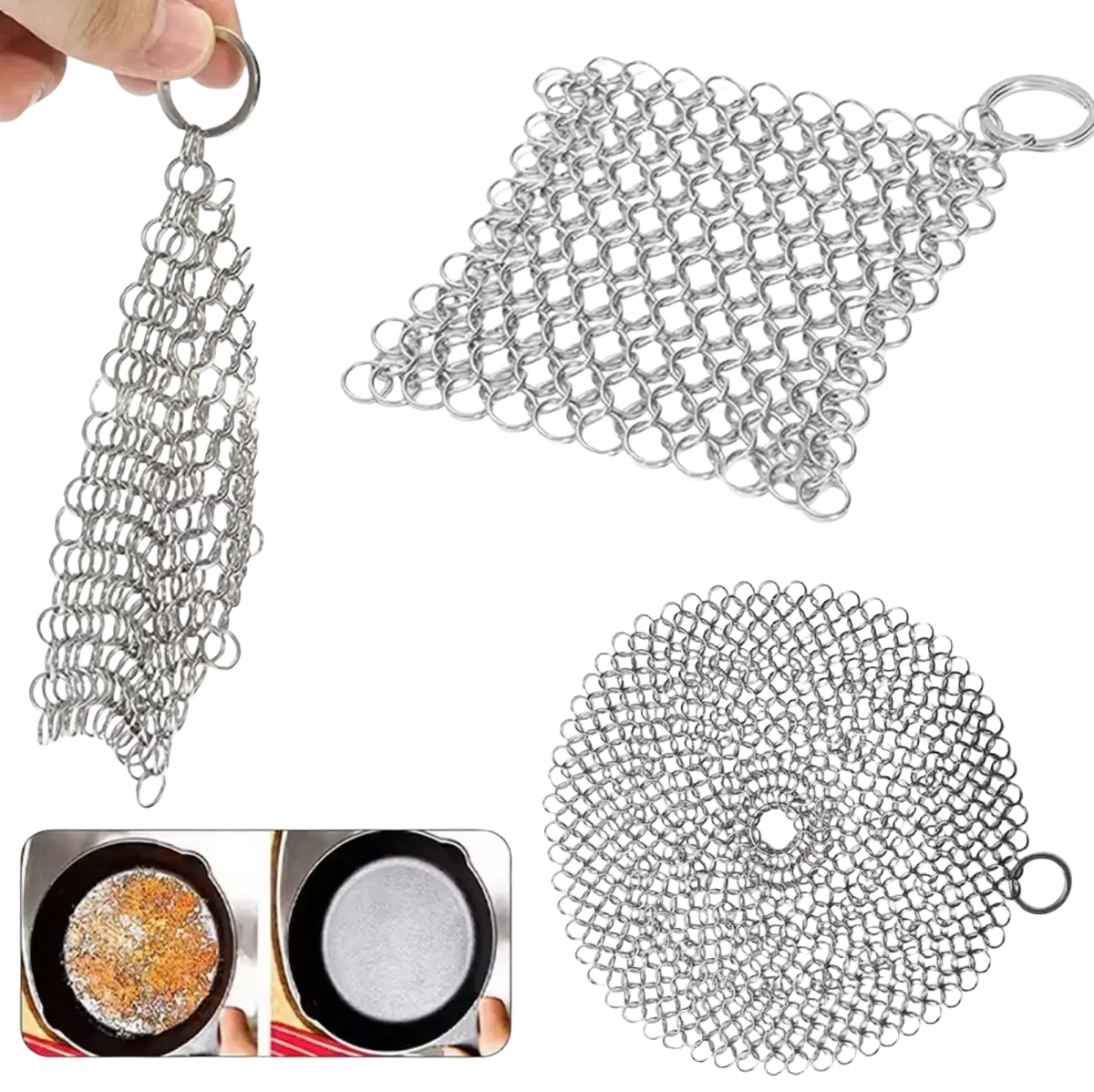 Silver stainless steel chainmail cast iron scrubber with looped handle designed for cleaning cookware efficiently
