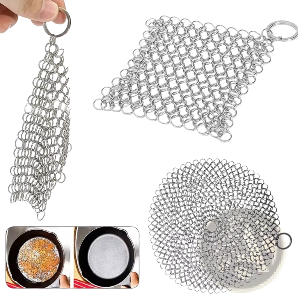 Silver stainless steel chainmail cast iron scrubber with looped handle designed for cleaning cookware efficiently