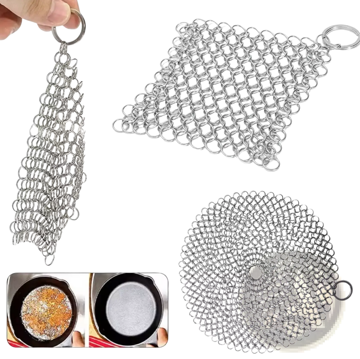 Silver stainless steel chainmail cast iron scrubber with looped handle designed for cleaning cookware efficiently