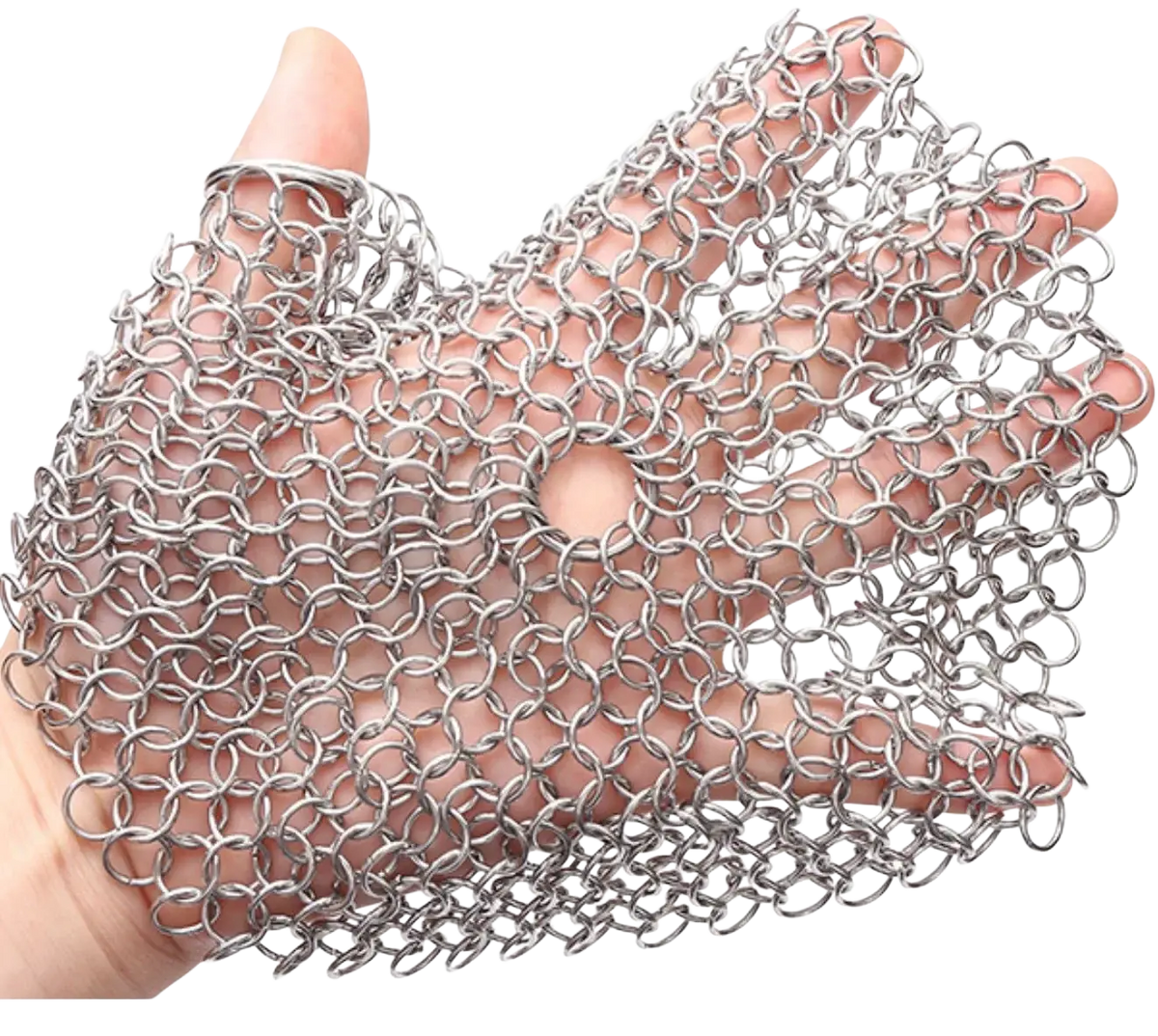 Silver stainless steel chainmail cast iron scrubber glove with interlocking metal rings for durable cleaning
