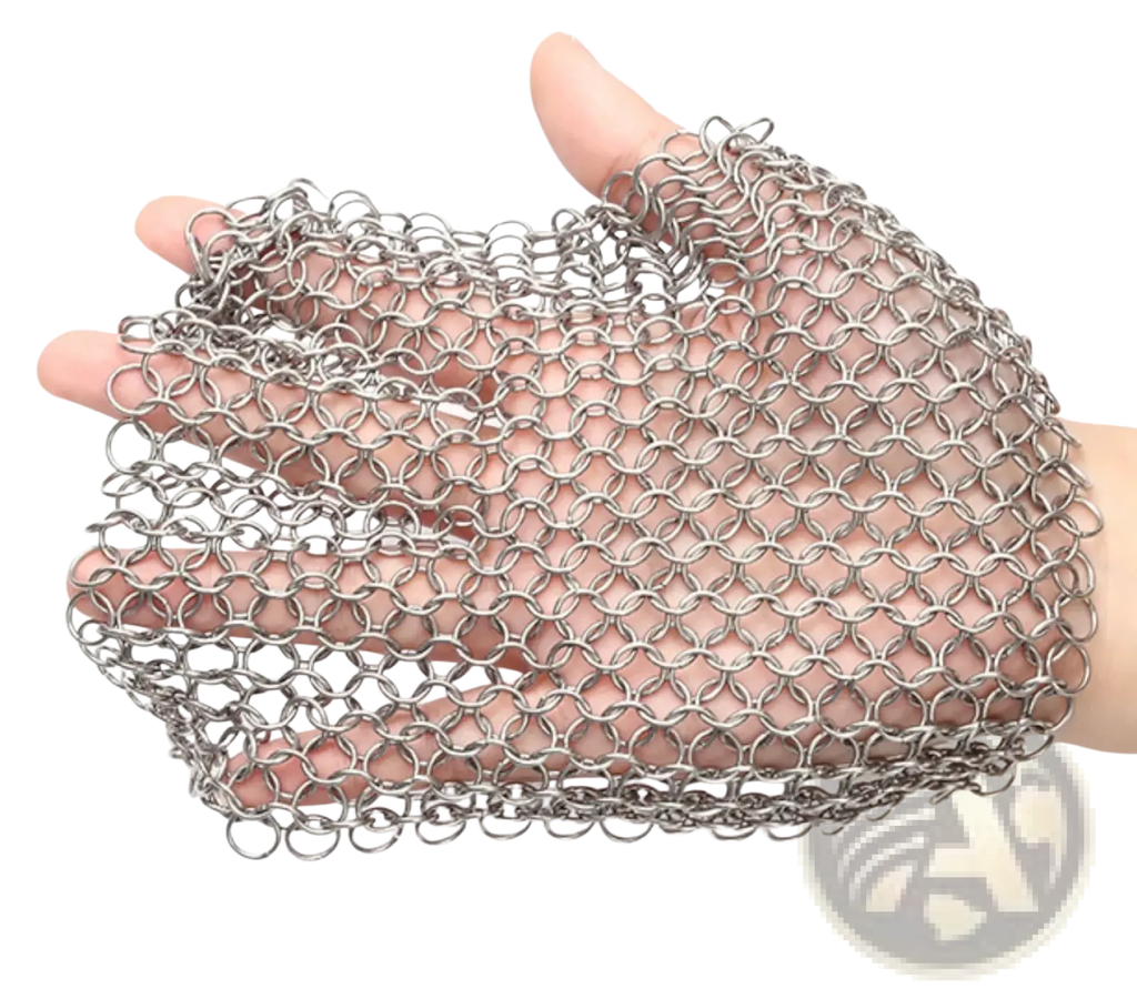 Silver stainless steel chainmail cast iron scrubber glove with interlocking metal rings for heavy-duty cleaning