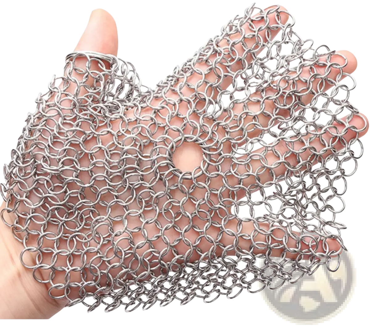 Silver stainless steel chainmail cast iron scrubber glove with interlocking metal rings for durable cleaning