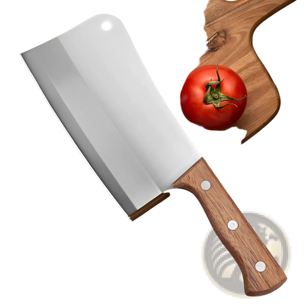 Stainless steel chef knife cleaver with wood handle and three silver rivets for kitchen use