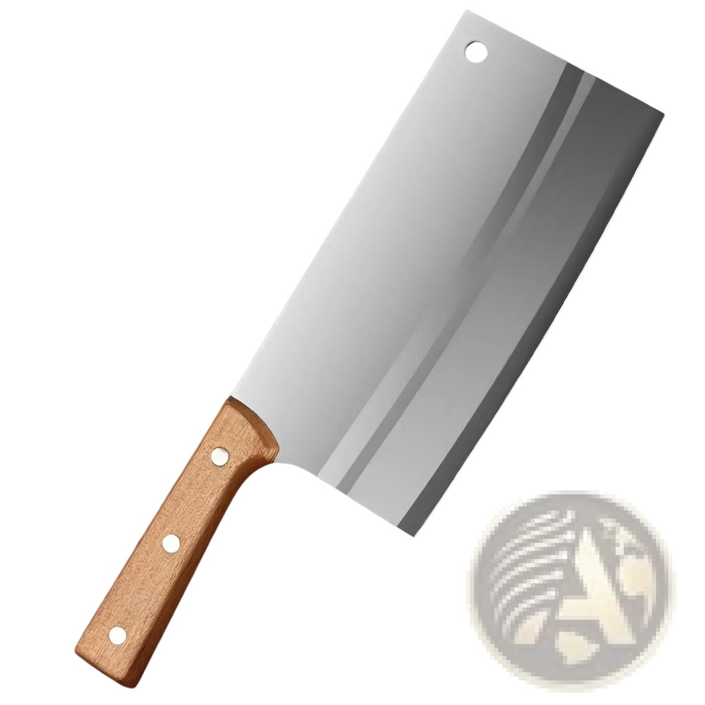 A stainless steel chef knife cleaver with a polished reflective blade and sturdy wooden handle with three silver rivets