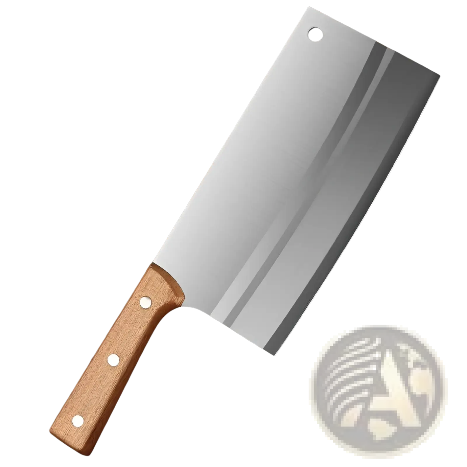 A stainless steel chef knife cleaver with a polished reflective blade and sturdy wooden handle with three silver rivets