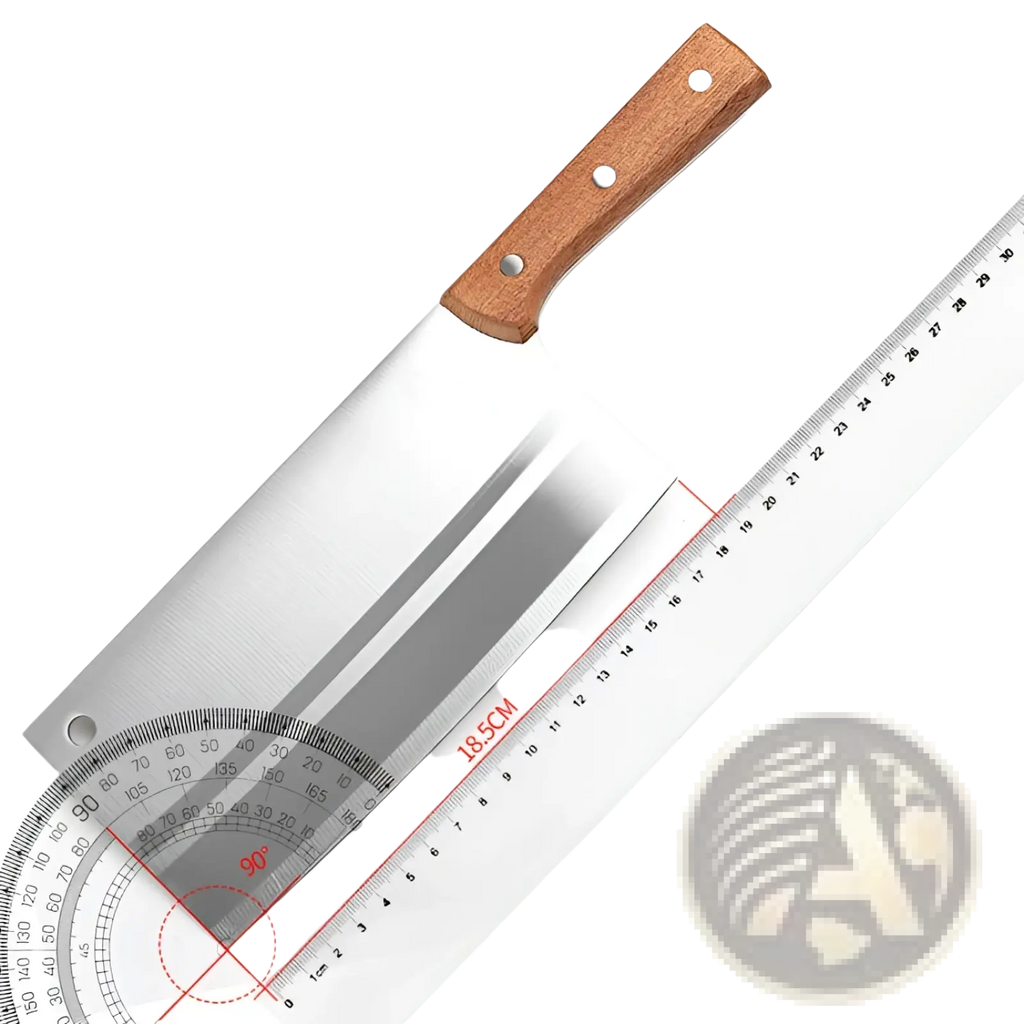 A stainless steel chef knife cleaver with a wooden handle and three rivets beside a transparent centimeter ruler