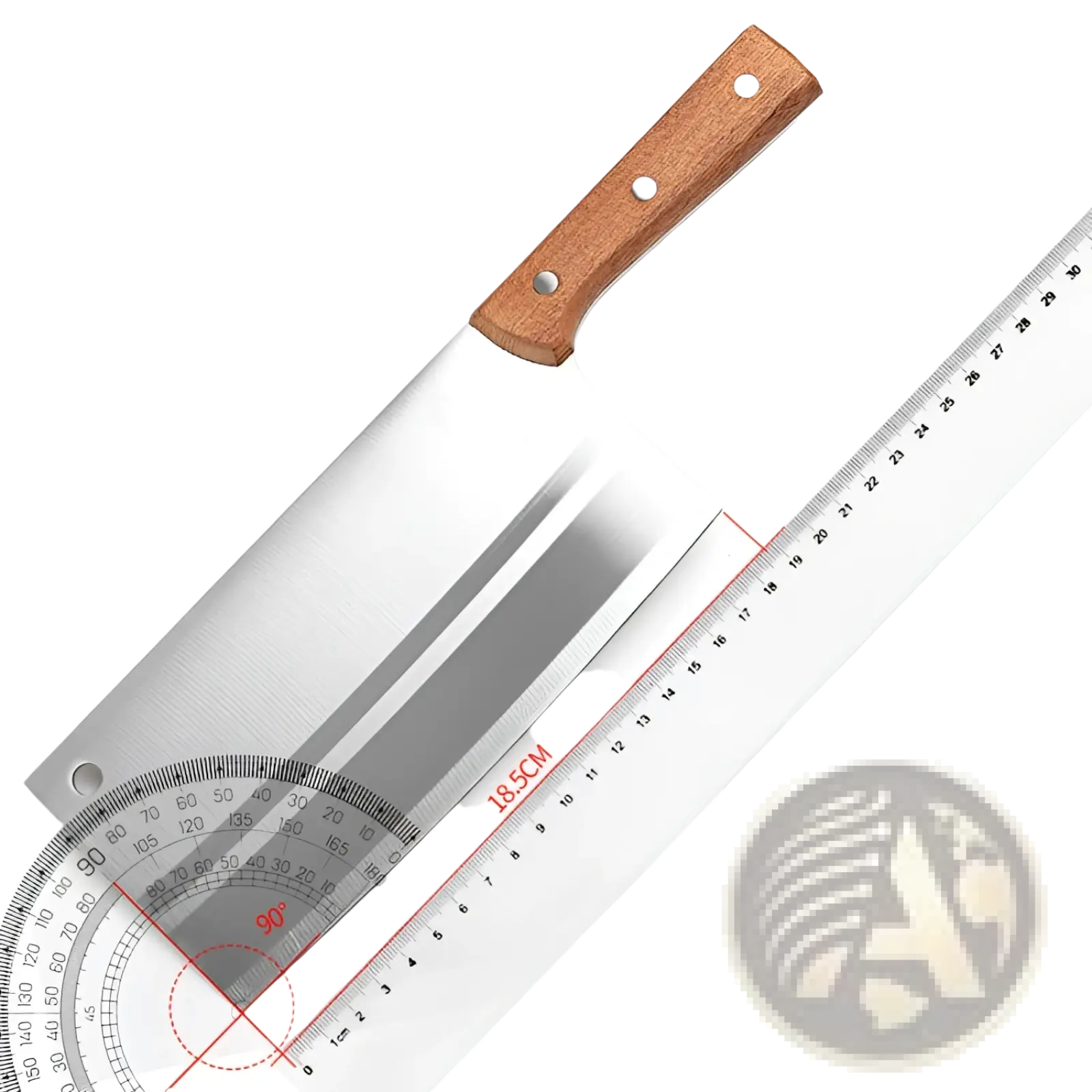 A stainless steel chef knife cleaver with a wooden handle and three rivets beside a transparent centimeter ruler