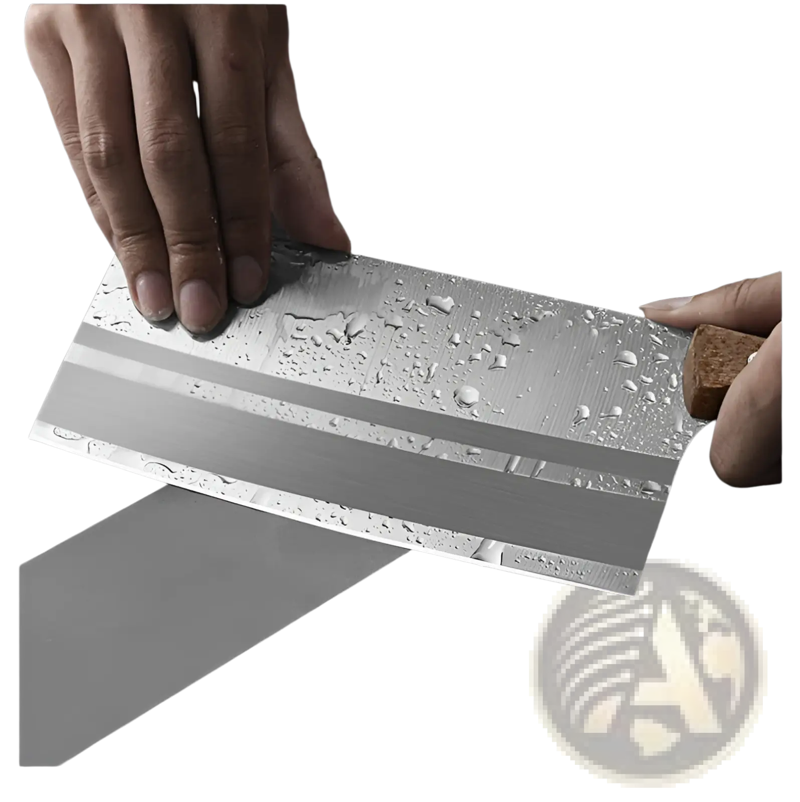 A stainless steel chef knife cleaver with a textured blade and rustic wooden handle for professional use