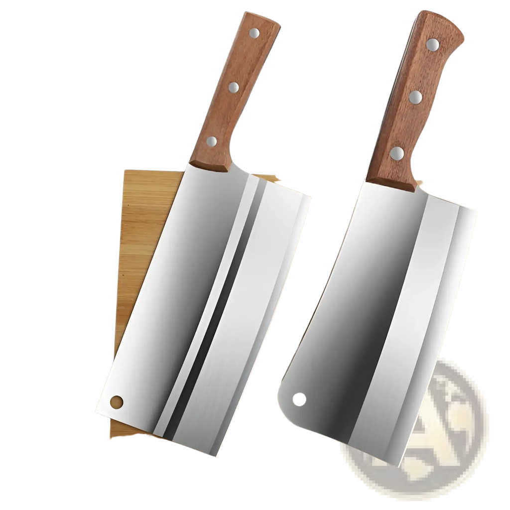 Two stainless steel chef knife cleavers with wooden handles secured by three silver rivets each