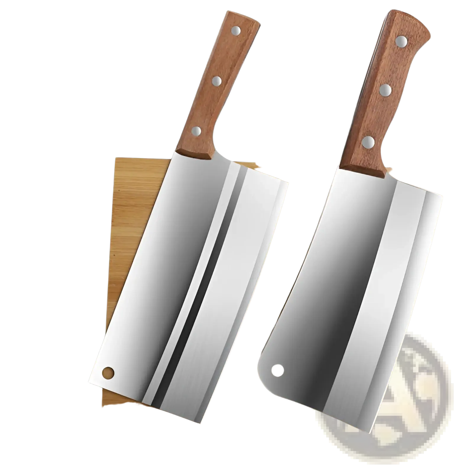 Two stainless steel chef knife cleavers with wooden handles secured by three silver rivets each