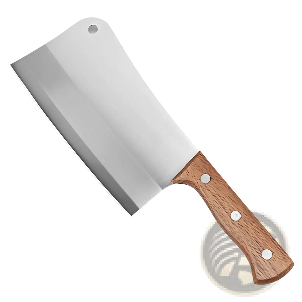A stainless steel chef knife cleaver with a polished reflective blade and sturdy wooden handle with three rivets