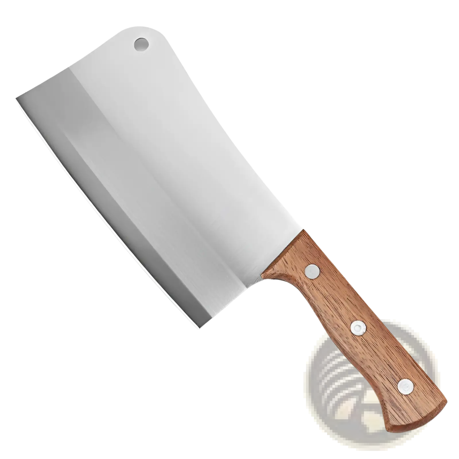 A stainless steel chef knife cleaver with a polished reflective blade and sturdy wooden handle with three rivets