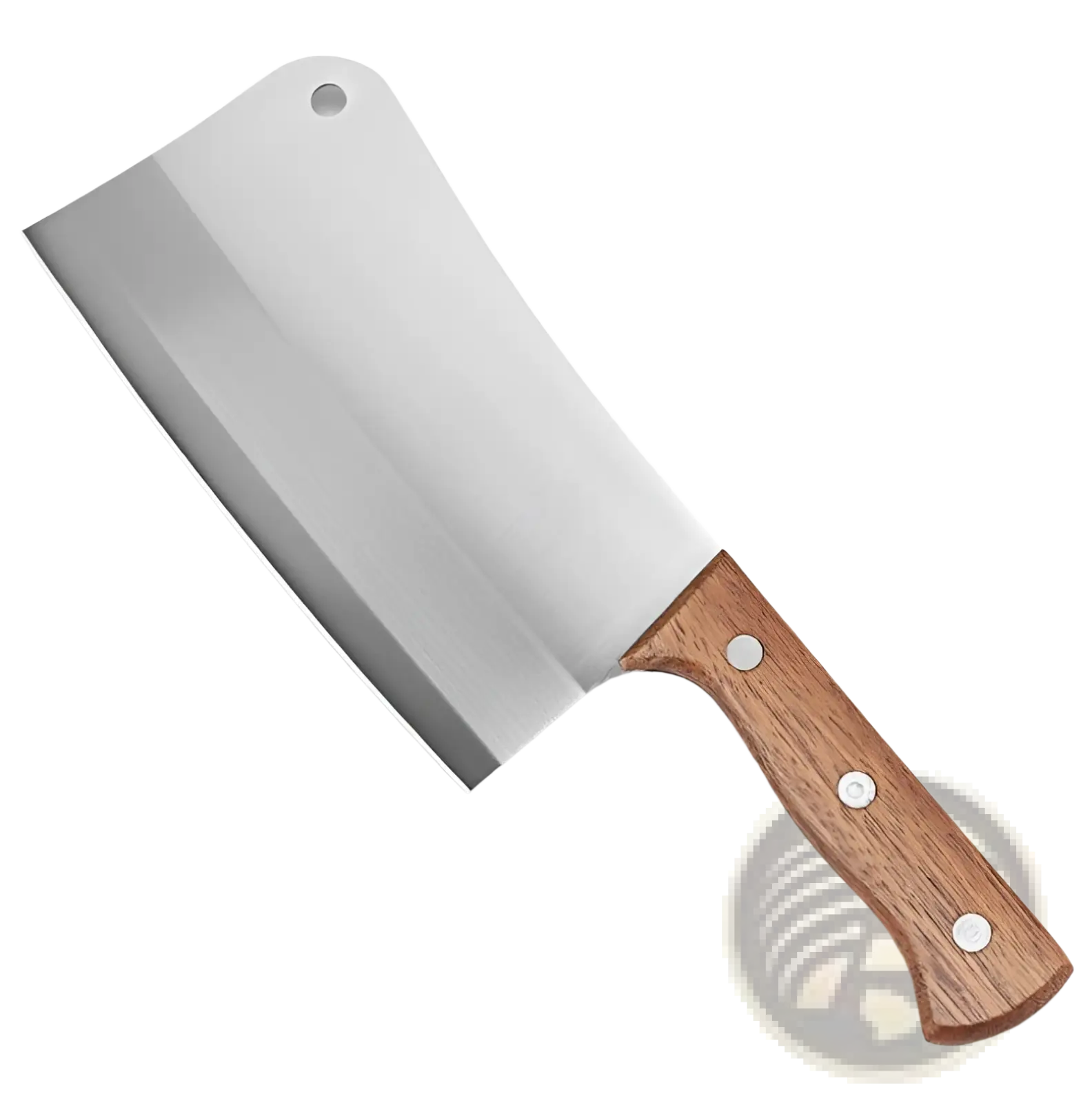 Stainless steel chef knife cleaver with wooden handle and three silver rivets for durable kitchen use