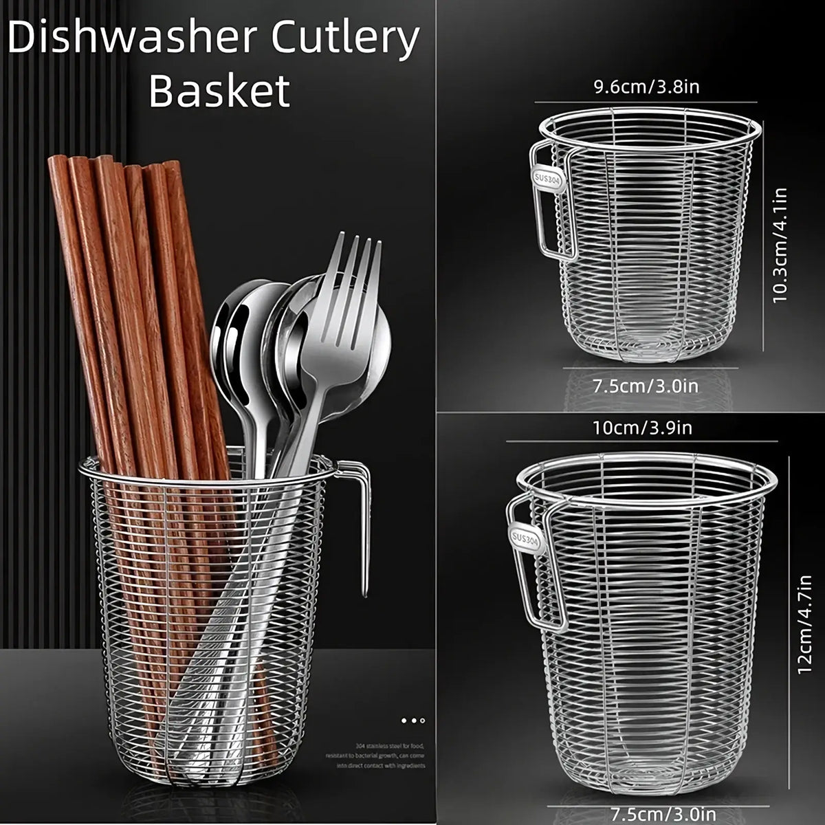 Silver stainless steel wire mesh dishwasher cutlery basket with handle and engraved brand tag for chopstick holding