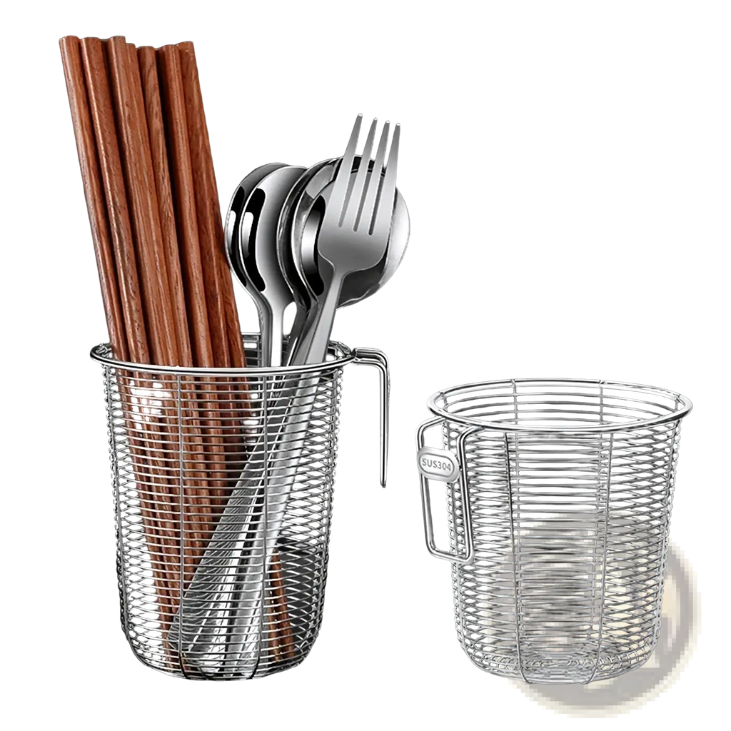 Silver wire mesh stainless steel chopstick holder and dishwasher basket with handle holding wooden chopsticks and utensils