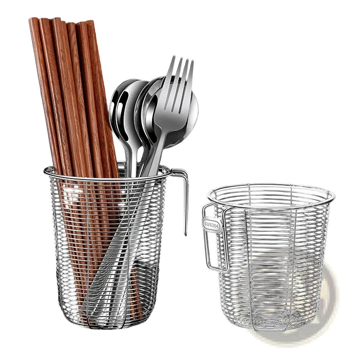 Silver wire mesh stainless steel chopstick holder and dishwasher basket with handle holding wooden chopsticks and utensils