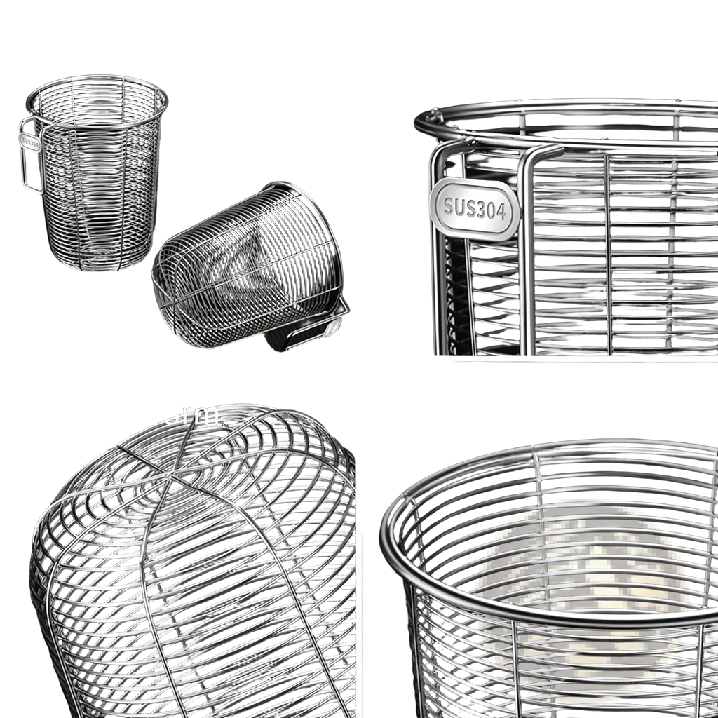 A stainless steel chopstick holder and dishwasher basket with a polished finish and reinforced rim