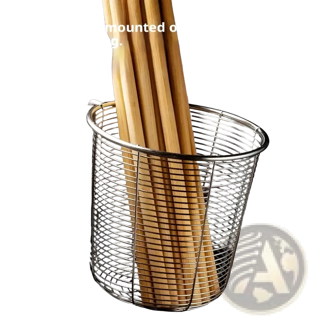 A cylindrical stainless steel mesh chopstick holder and utensil drainer containing light brown wooden chopsticks