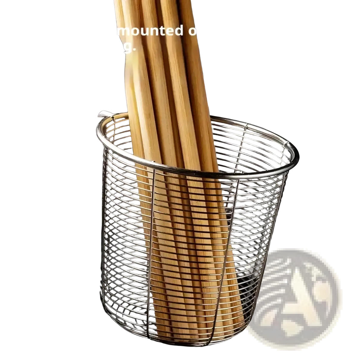 A cylindrical stainless steel mesh chopstick holder and utensil drainer containing light brown wooden chopsticks