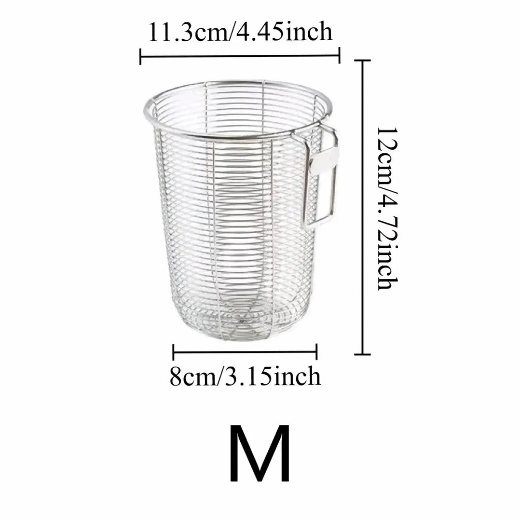 Stainless steel chopstick holder and utensil drainer silver metal mesh basket with handle 12cm tall 8cm wide