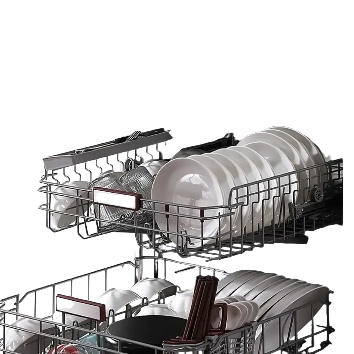 Stainless steel chopstick holder and utensil drainer with metallic mesh design and handle for dishwasher storage