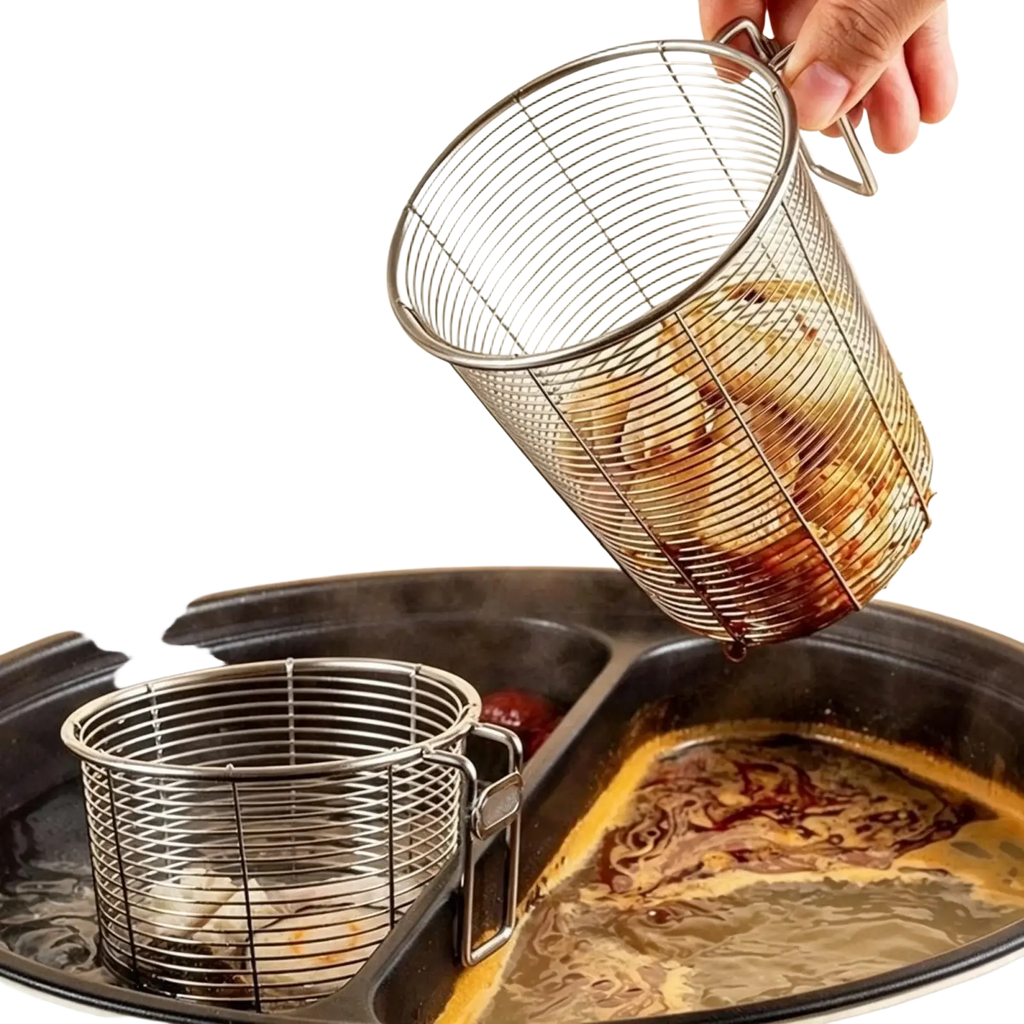 Stainless steel multifunctional hotpot strainer with handle and wire mesh for use as chopstick holder and utensil drainer