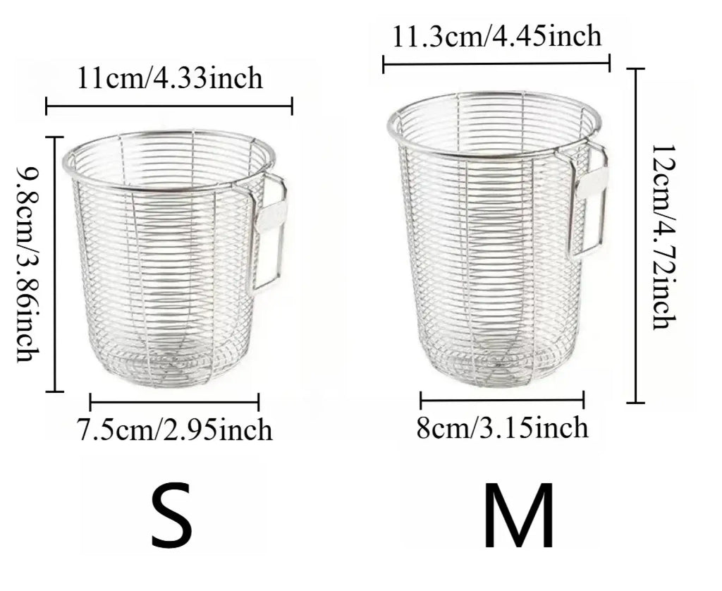 Silver stainless steel mesh frying basket with handle in small and medium sizes for chopstick holder and utensil drainer
