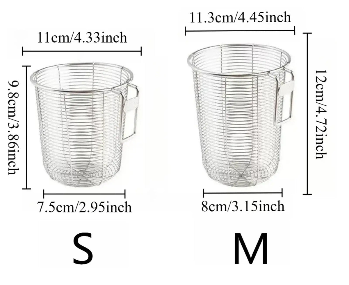 Silver stainless steel mesh frying basket with handle in small and medium sizes for chopstick holder and utensil drainer