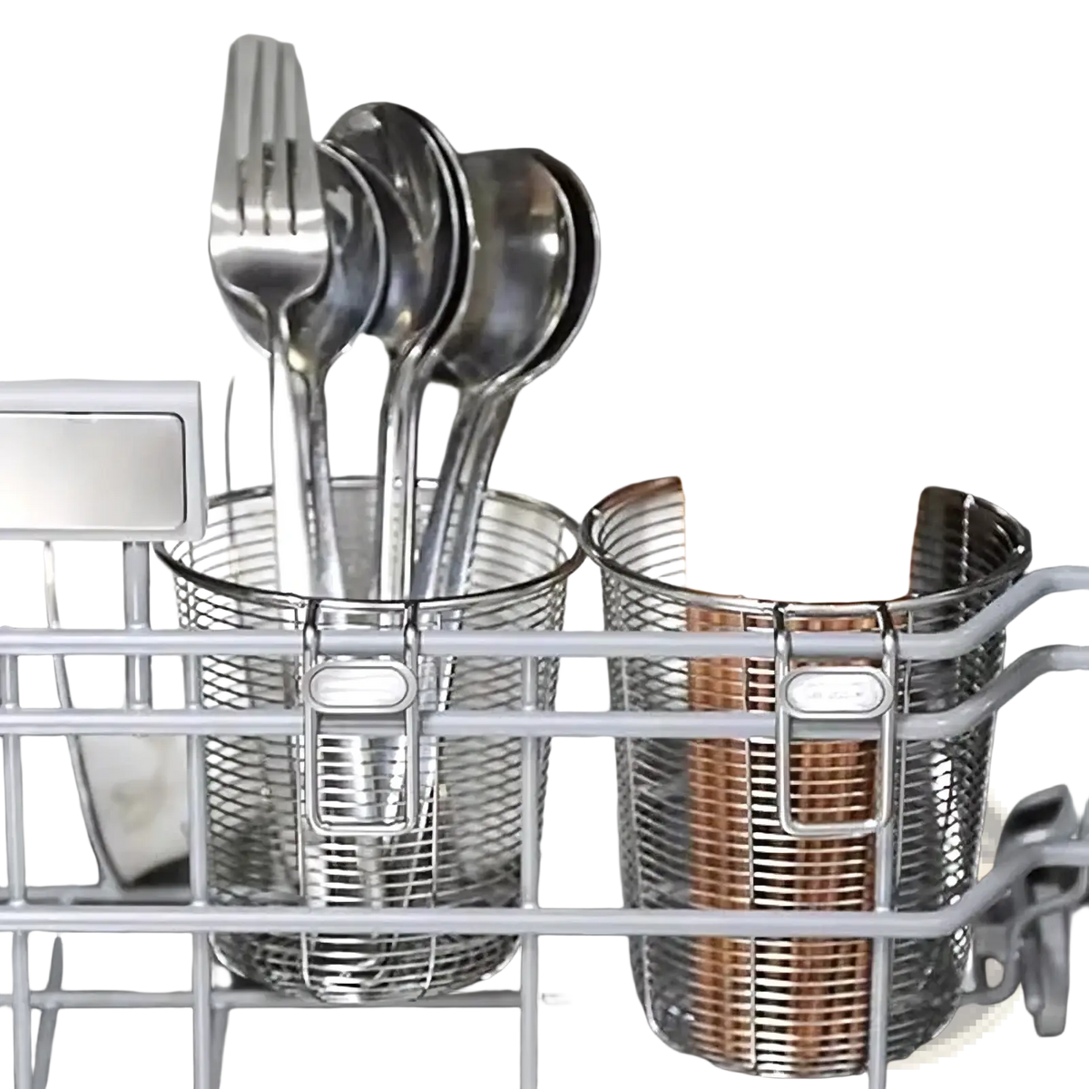 Two metallic stainless steel wire mesh baskets holding silver forks spoons and wooden chopsticks for utensil draining
