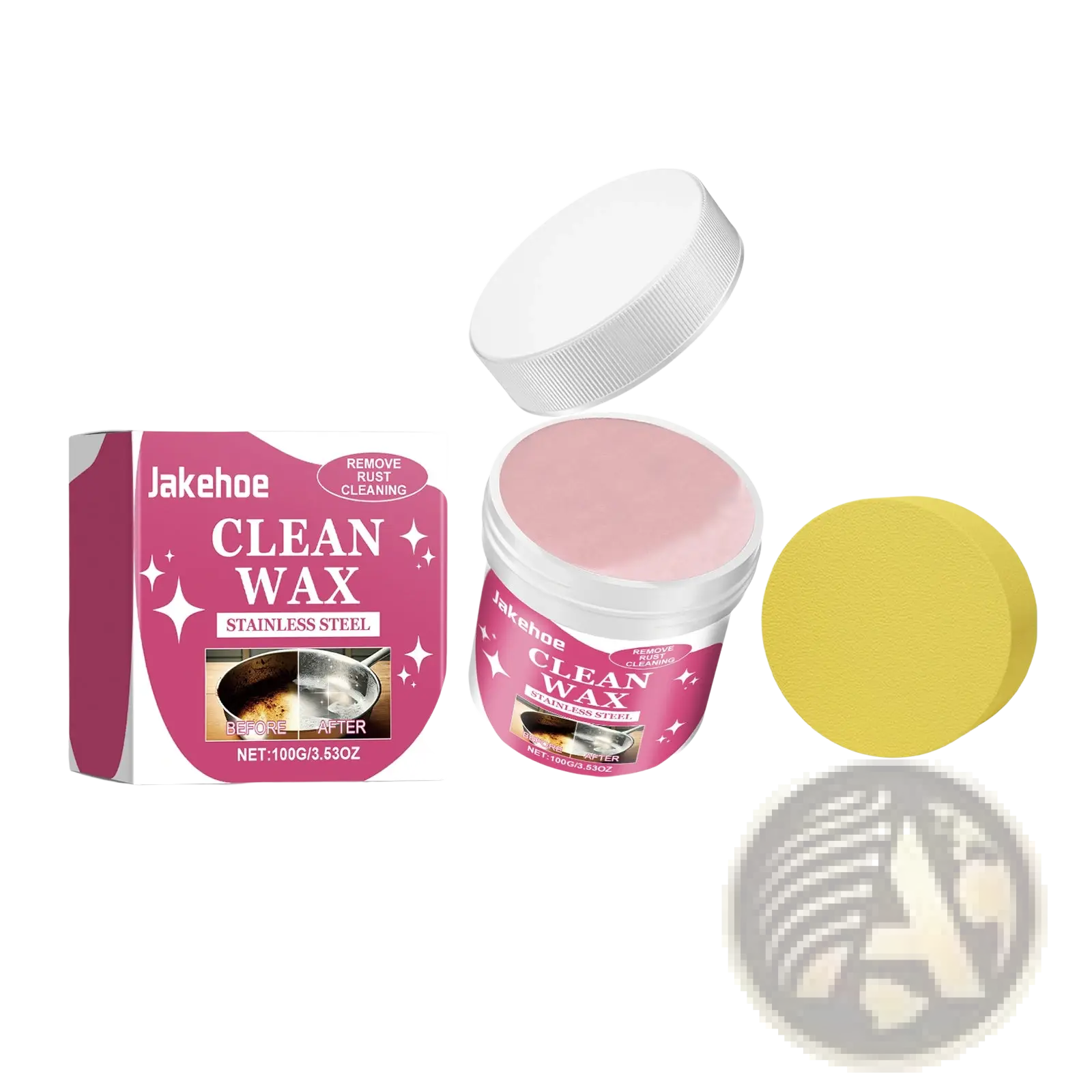 Pink labeled jar of jakehoe clean wax stainless steel cleaning paste with white lid and yellow sponge for cookware stains