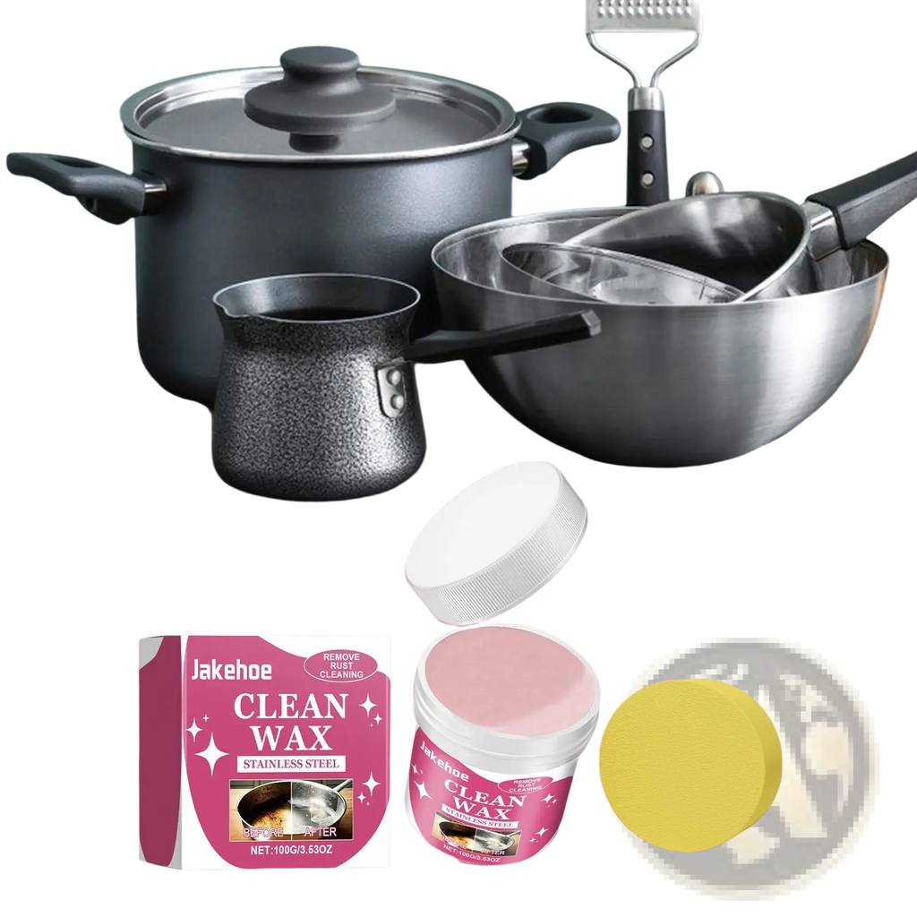 Pink labeled jar of Jakehoe stainless steel cleaning paste with white lid and yellow sponge for cookware stains