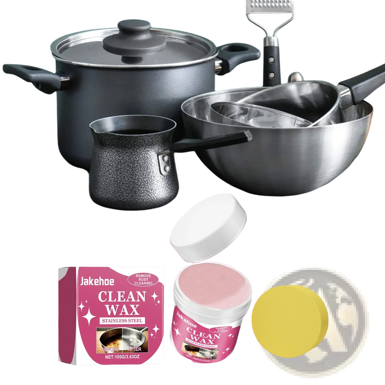 Pink labeled jar of Jakehoe stainless steel cleaning paste with white lid and yellow sponge for cookware stains