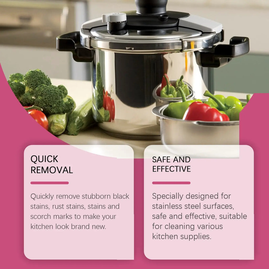 Stainless steel pressure cooker with black handles and silver lid used with stainless steel cleaning paste for cookware stains