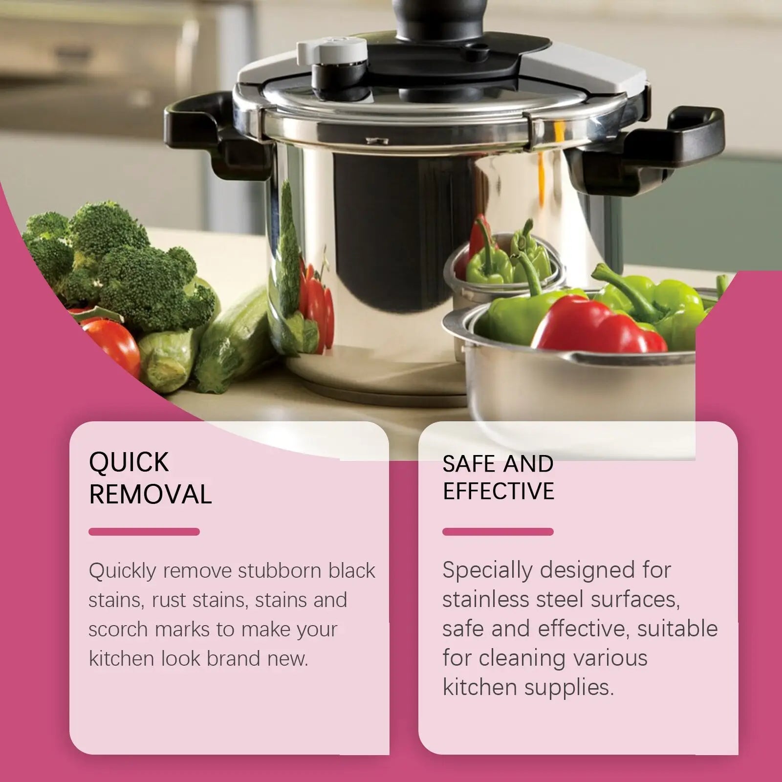 Stainless steel pressure cooker with black handles and silver lid used with stainless steel cleaning paste for cookware stains