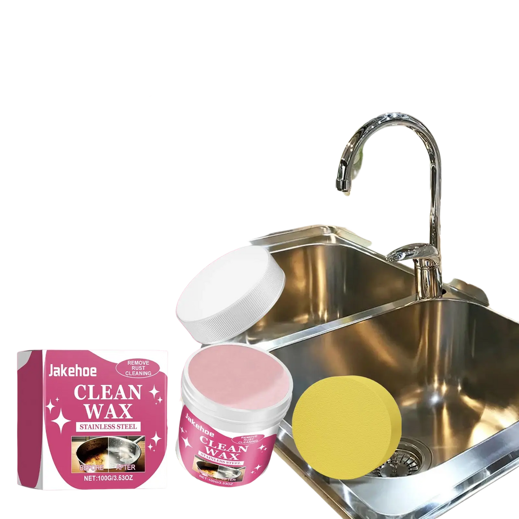 Pink labeled container of jakehoe clean wax stainless steel cleaning paste with yellow sponge for cookware stains