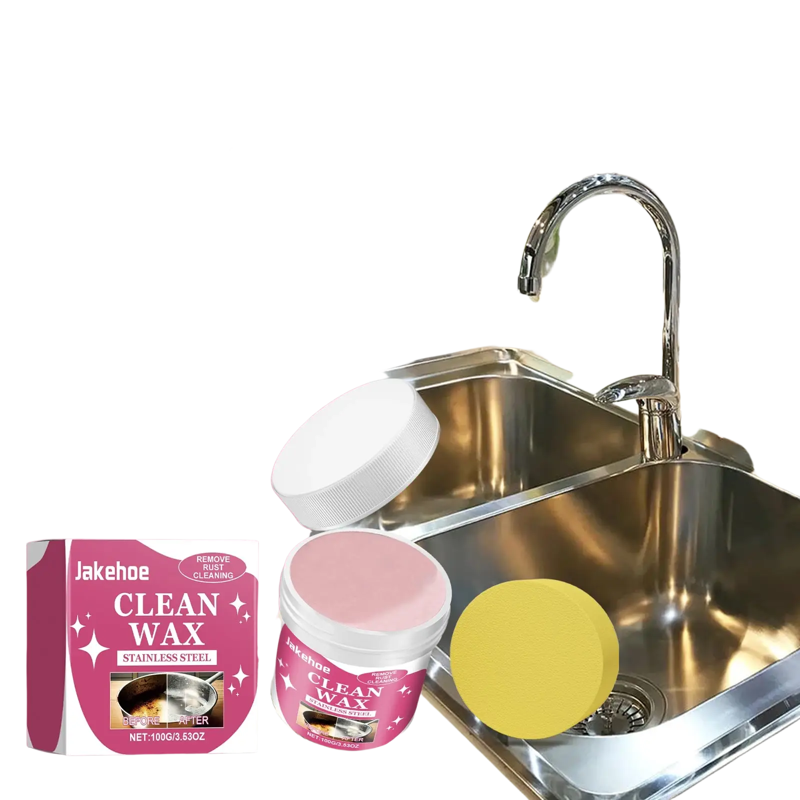 Pink labeled container of jakehoe clean wax stainless steel cleaning paste with yellow sponge for cookware stains