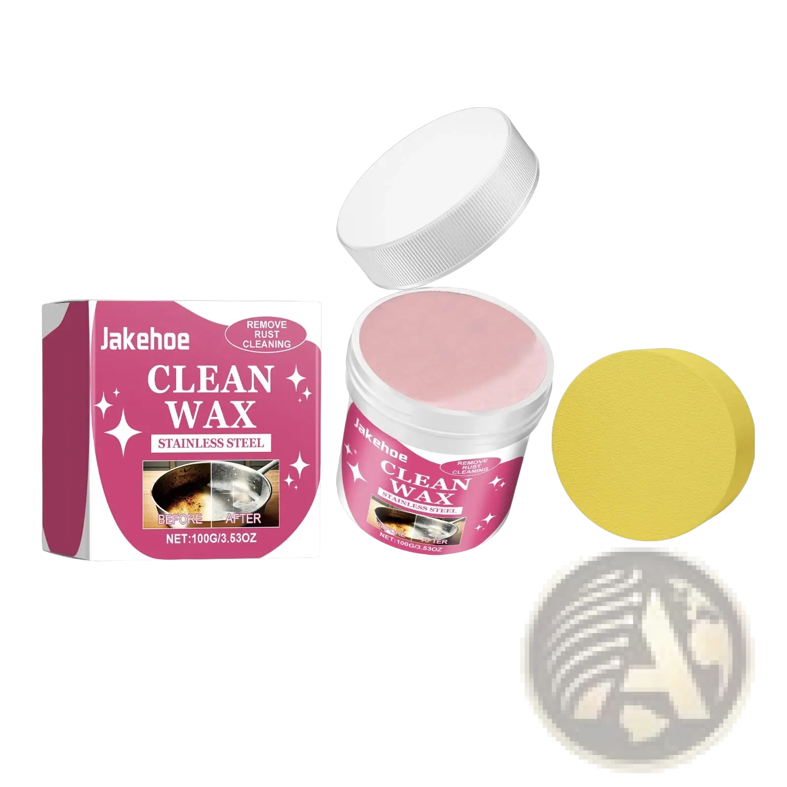 Pink jakehoe stainless steel cleaning paste in a white jar with matching lid and yellow sponge 50g