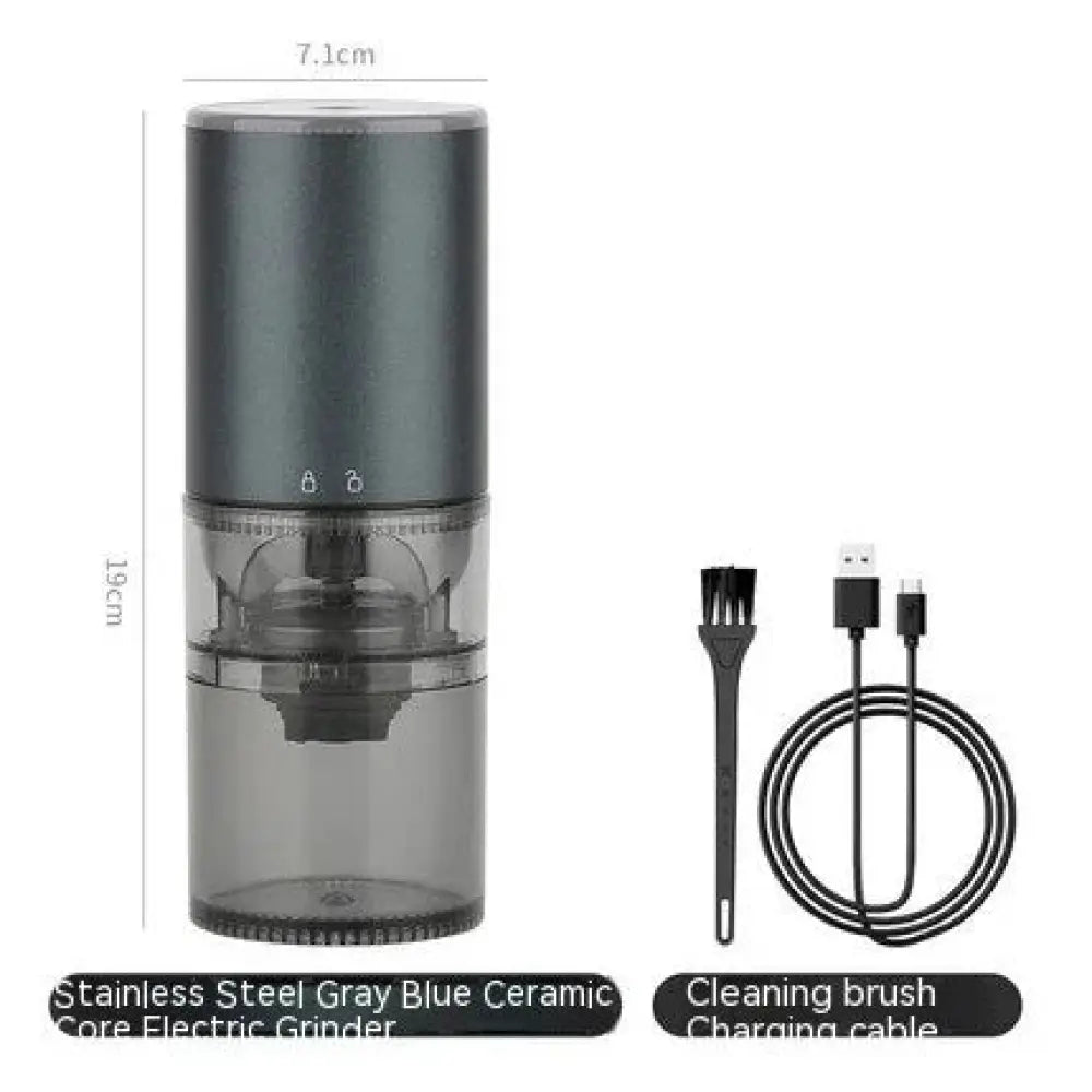 Premium stainless steel electric coffee grinder with matte gray stainless steel top and transparent ceramic glass base