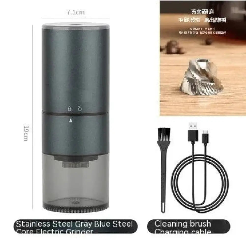 Premium stainless steel electric coffee grinder in gray blue with a compact design and transparent glass base