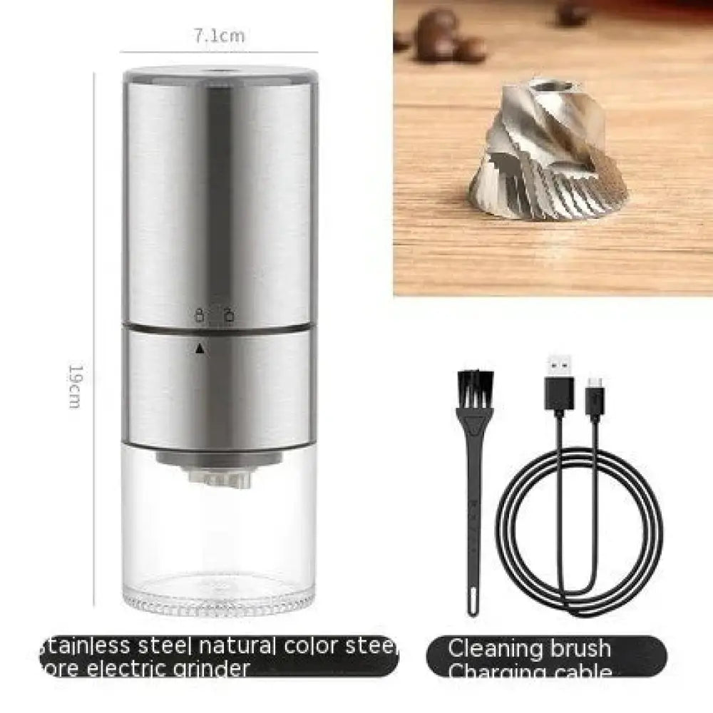 Premium stainless steel electric coffee grinder with a silver body and clear glass base for compact grinding