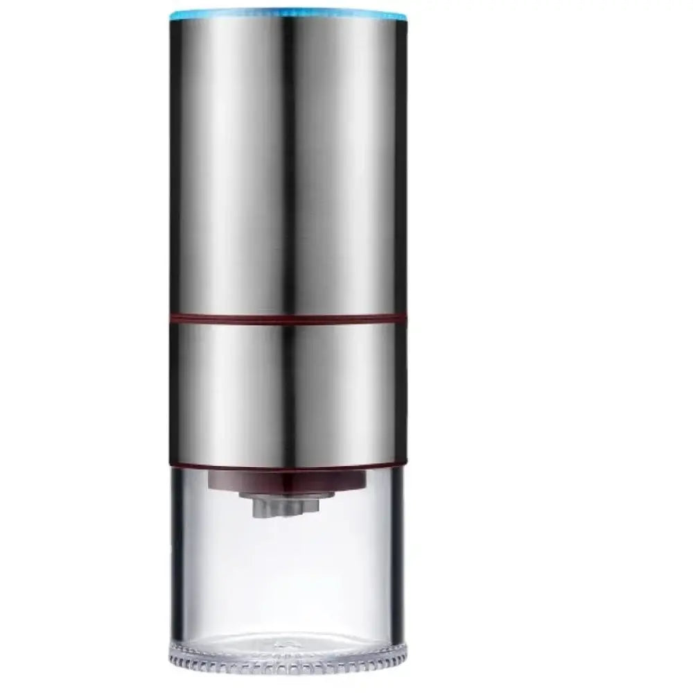 Premium stainless steel electric coffee grinder with brushed cylindrical body and transparent glass base