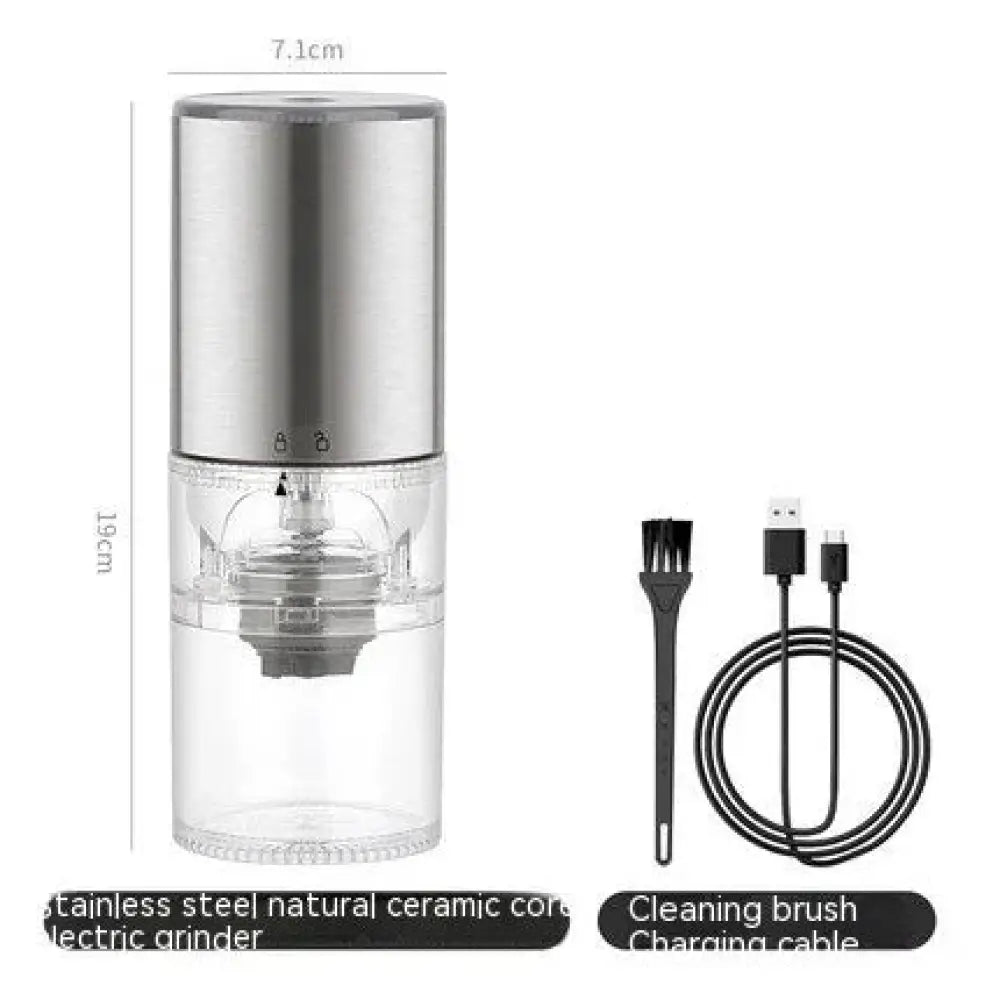 Premium stainless steel electric coffee grinder with a glass base and natural ceramic grinding components, 19cm tall