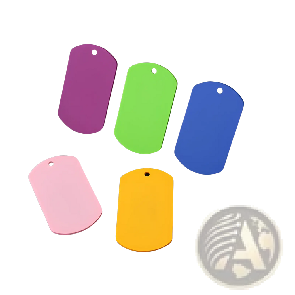 Five colorful matte-finished stainless steel dog tag pendants in purple green blue pink and yellow for diy pet use