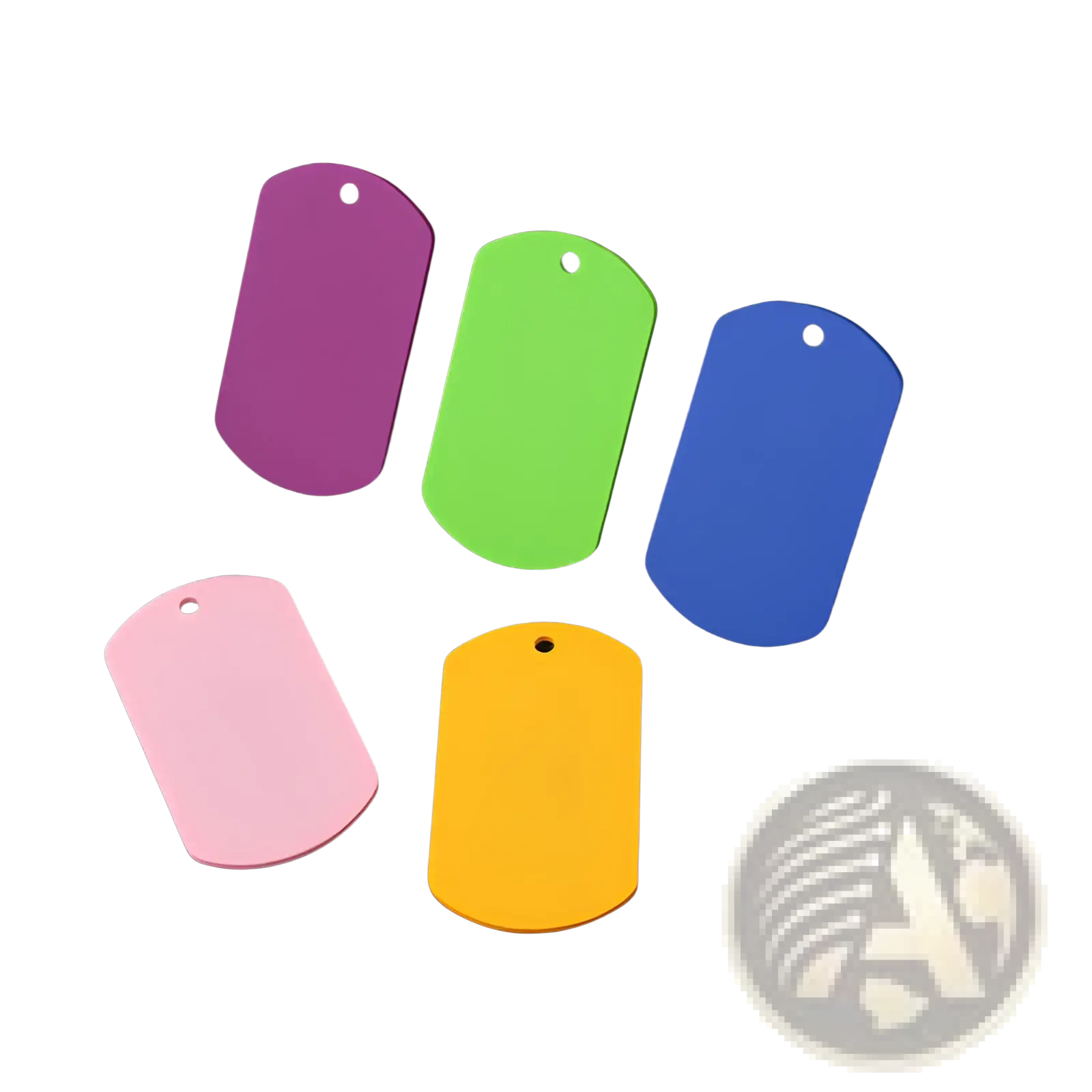 Five colorful matte-finished stainless steel dog tag pendants in purple green blue pink and yellow for diy pet use