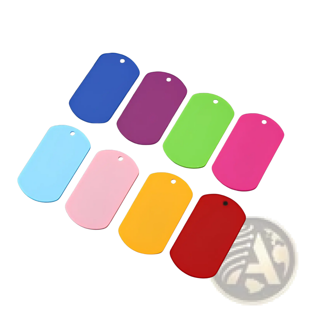 A set of eight colorful matte-finished stainless steel dog tag pendants in vibrant hues for diy pet use