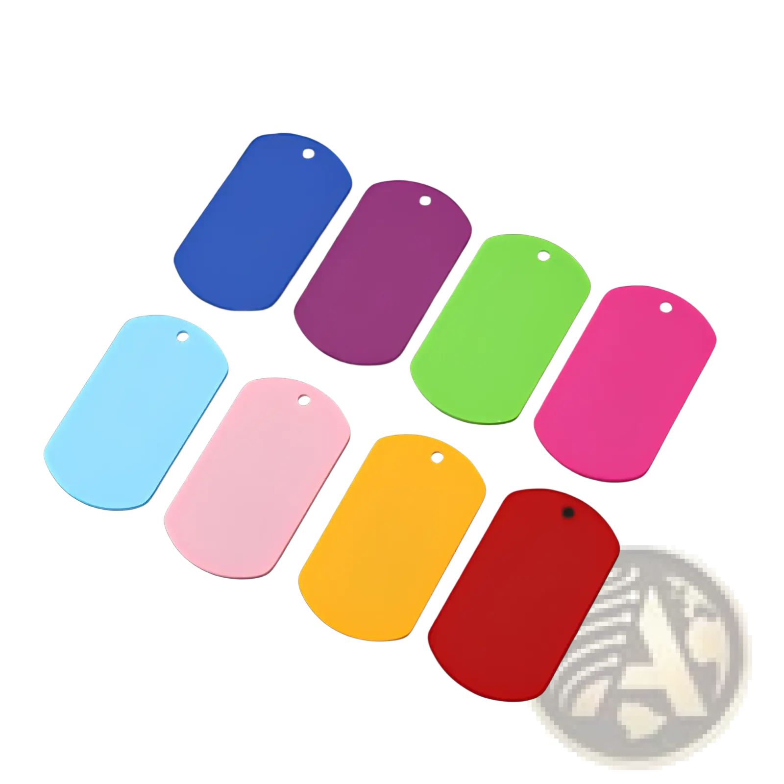 A set of eight colorful matte-finished stainless steel dog tag pendants in vibrant hues for diy pet use