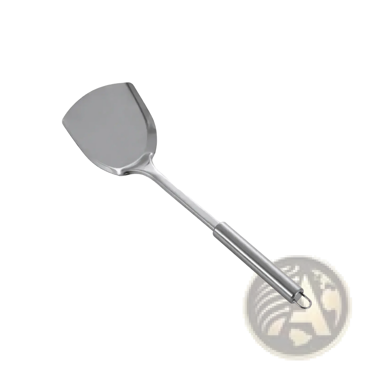 A sleek stainless steel spatula with a polished metallic finish and slightly curved head in a cooking utensil set
