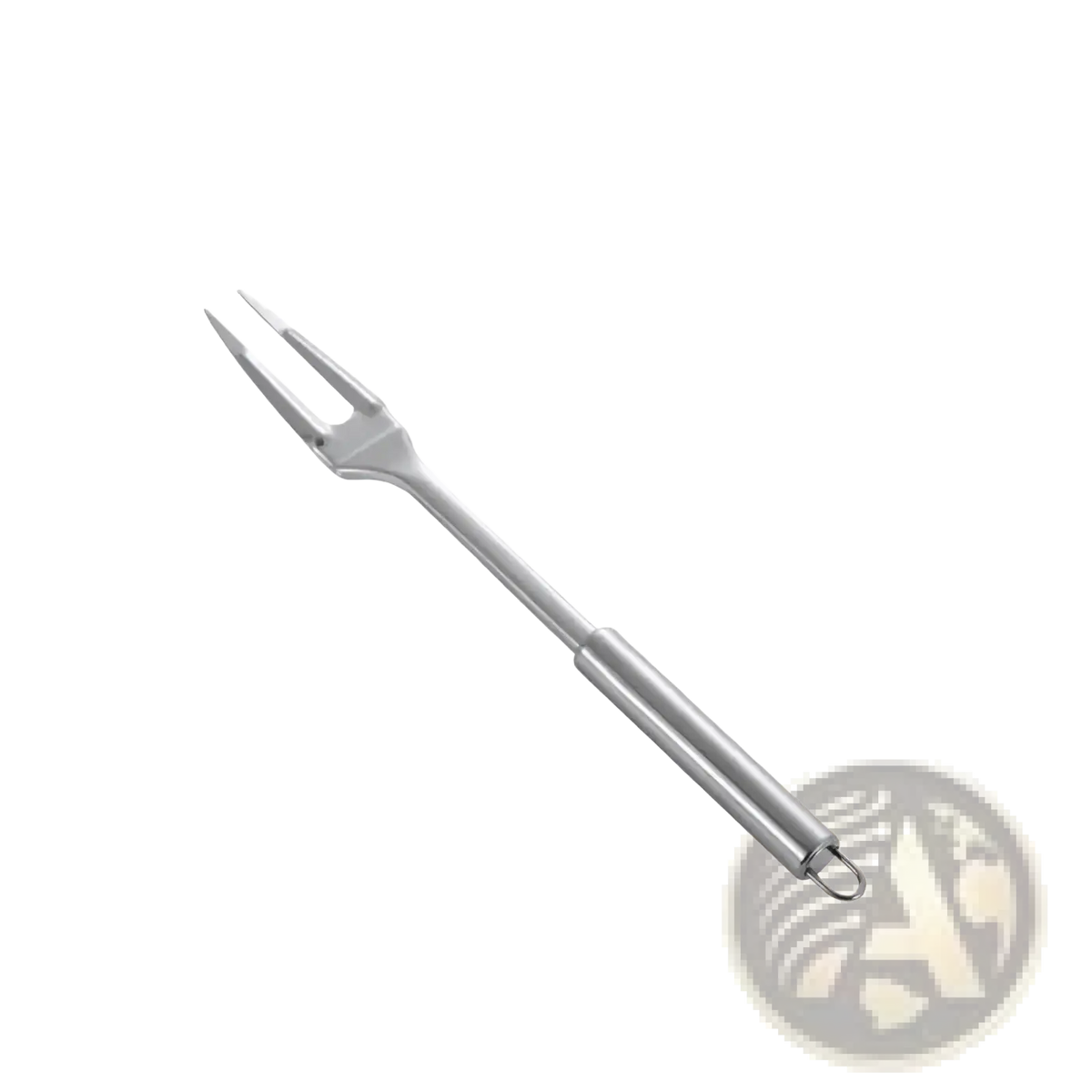 Silver stainless steel skewer with pointed tip and looped end from a cooking utensil set for grilling and roasting