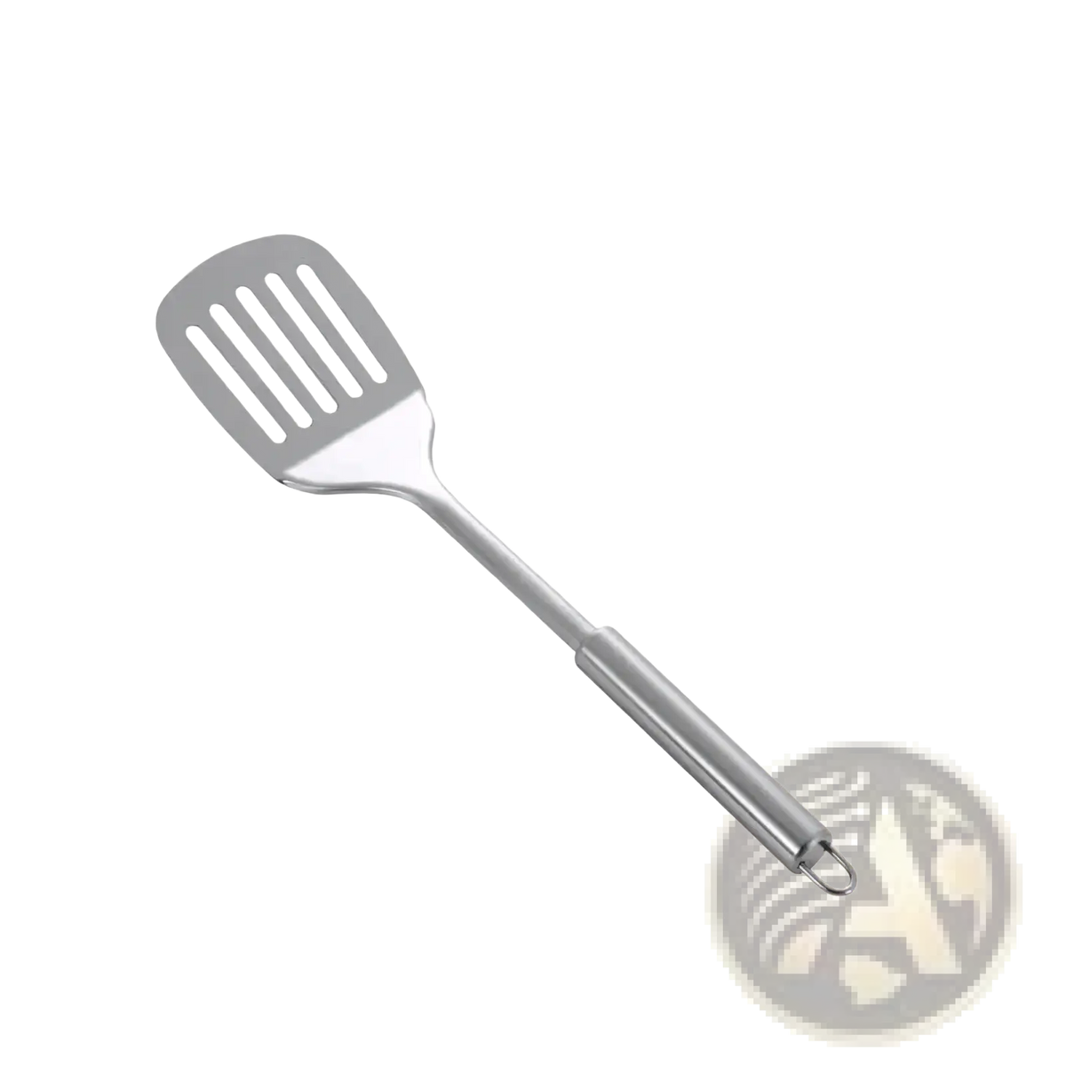 Silver stainless steel frying spatula with slotted head and looped handle end from stainless steel cooking utensil set