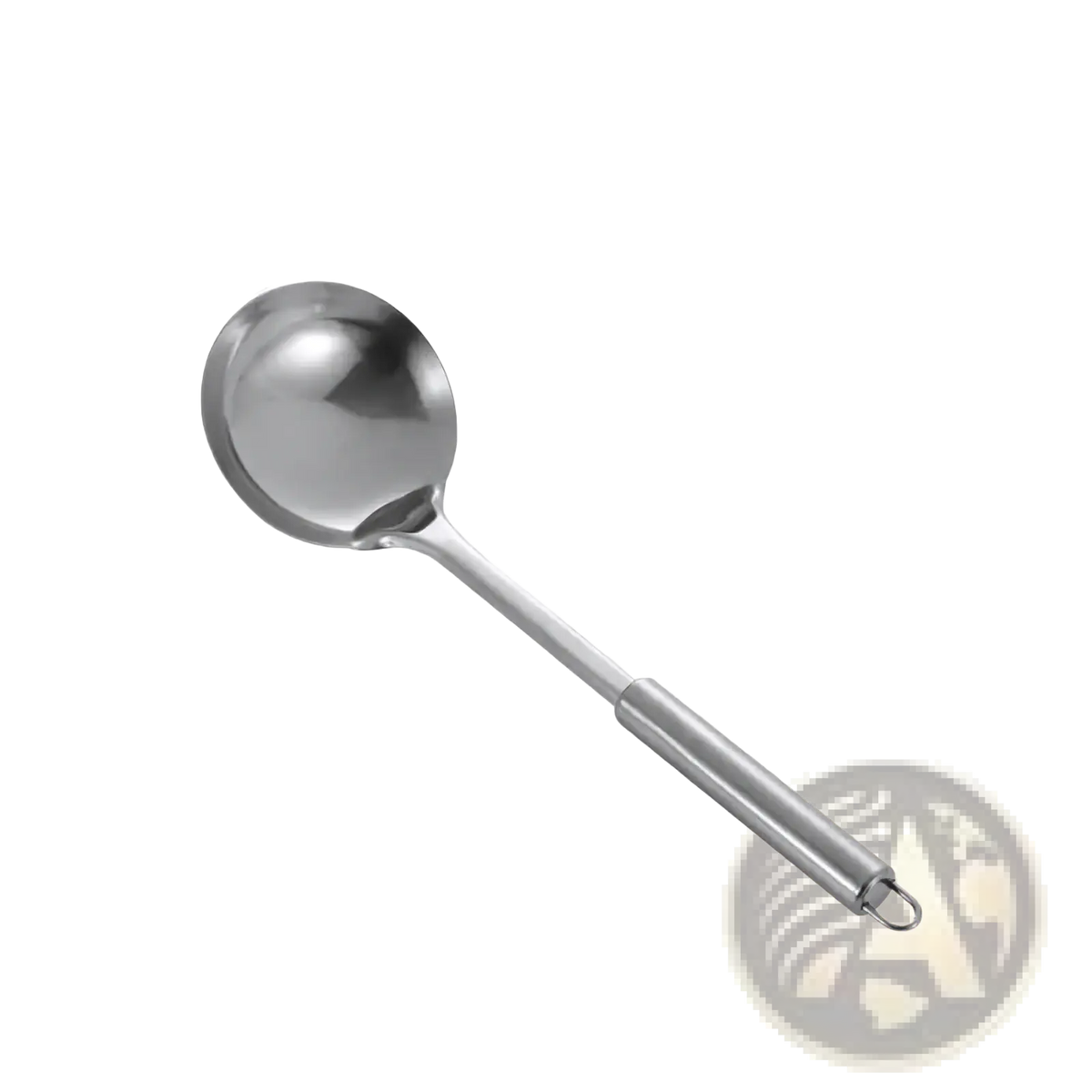 A stainless steel cooking utensil set featuring a sleek polished soup spoon with a looped end handle